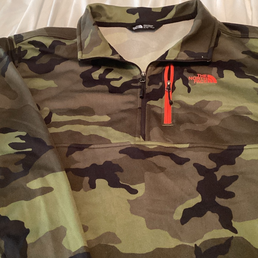 The North Face Men’s Green Camo Quarter-Zip Pullover with Red Accents